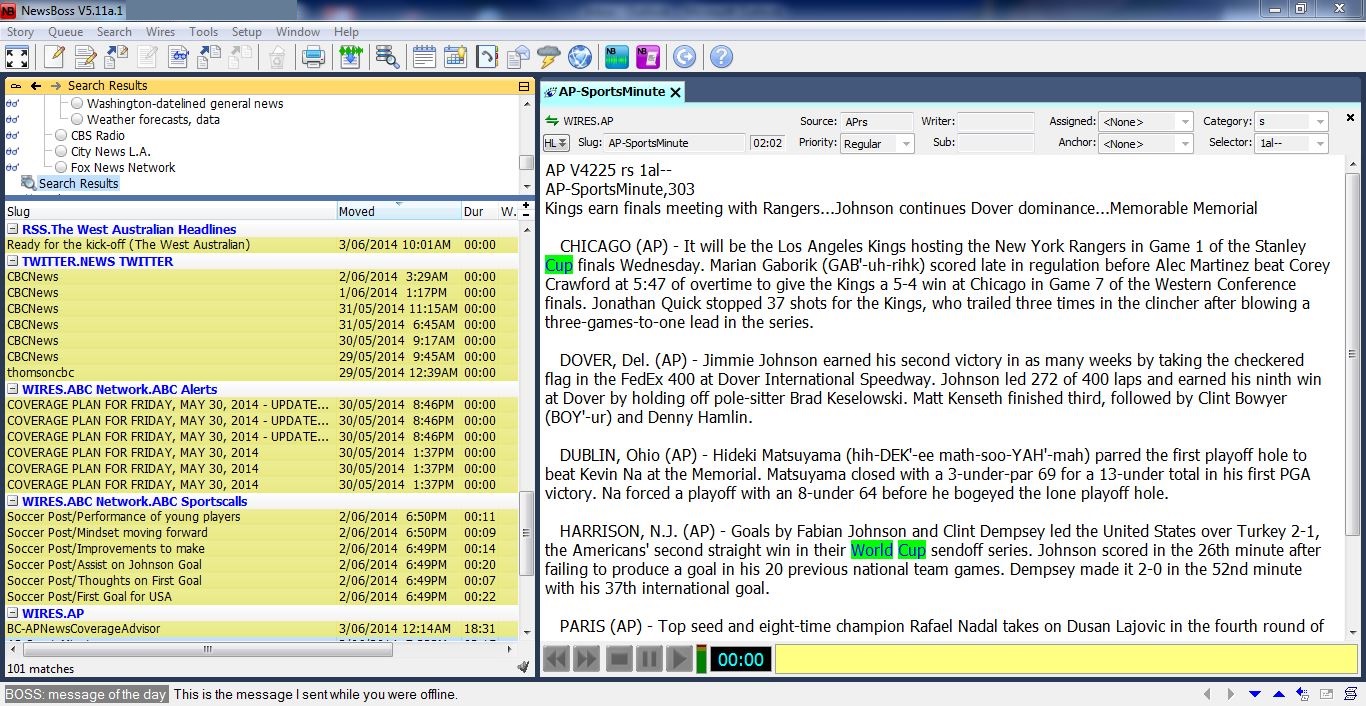 All queues in NewsBoss can be searched simultaneously with an extremely fast fully indexed search. Results are reported by their location, with all matching phrases highlighted making the search results instantly useful and usable. Click to enlarge. SearchResults2b